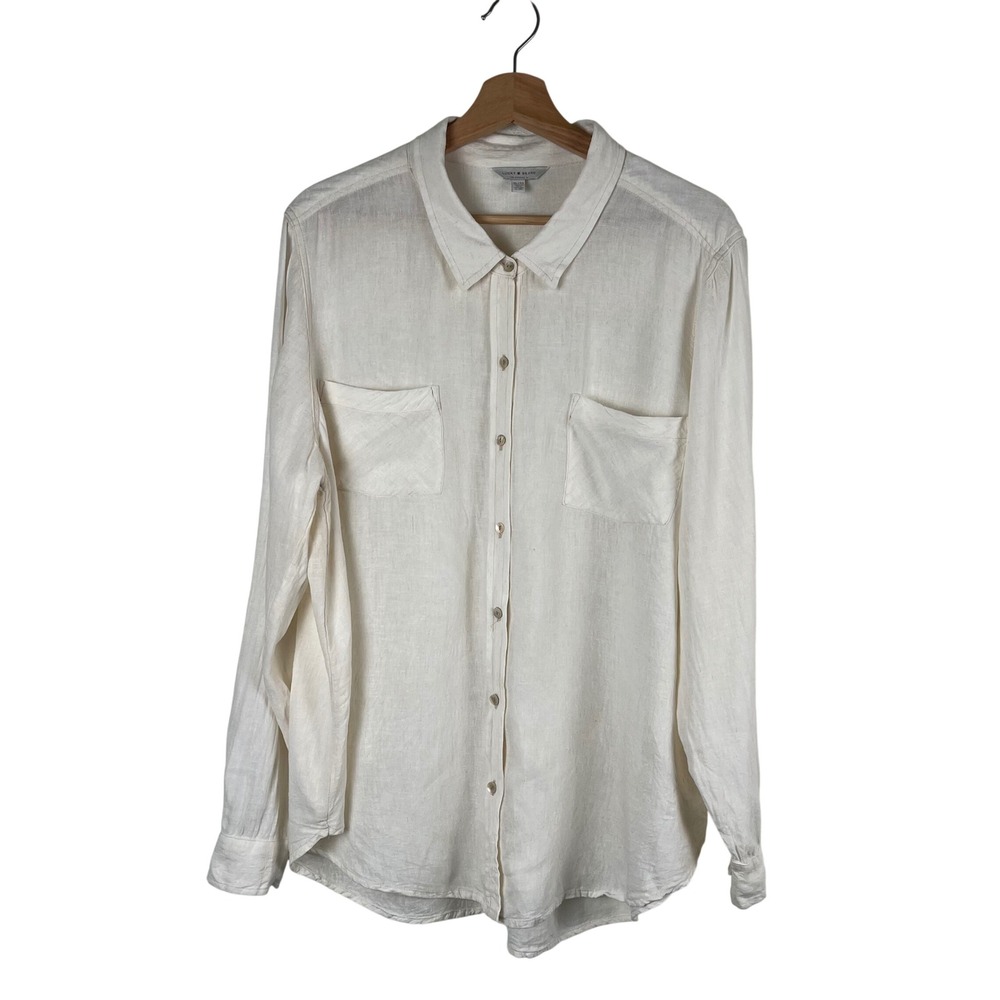 Lucky Brand Womens XL Cream Linen Blend Button Down Shirt Long Sleeve Coastal